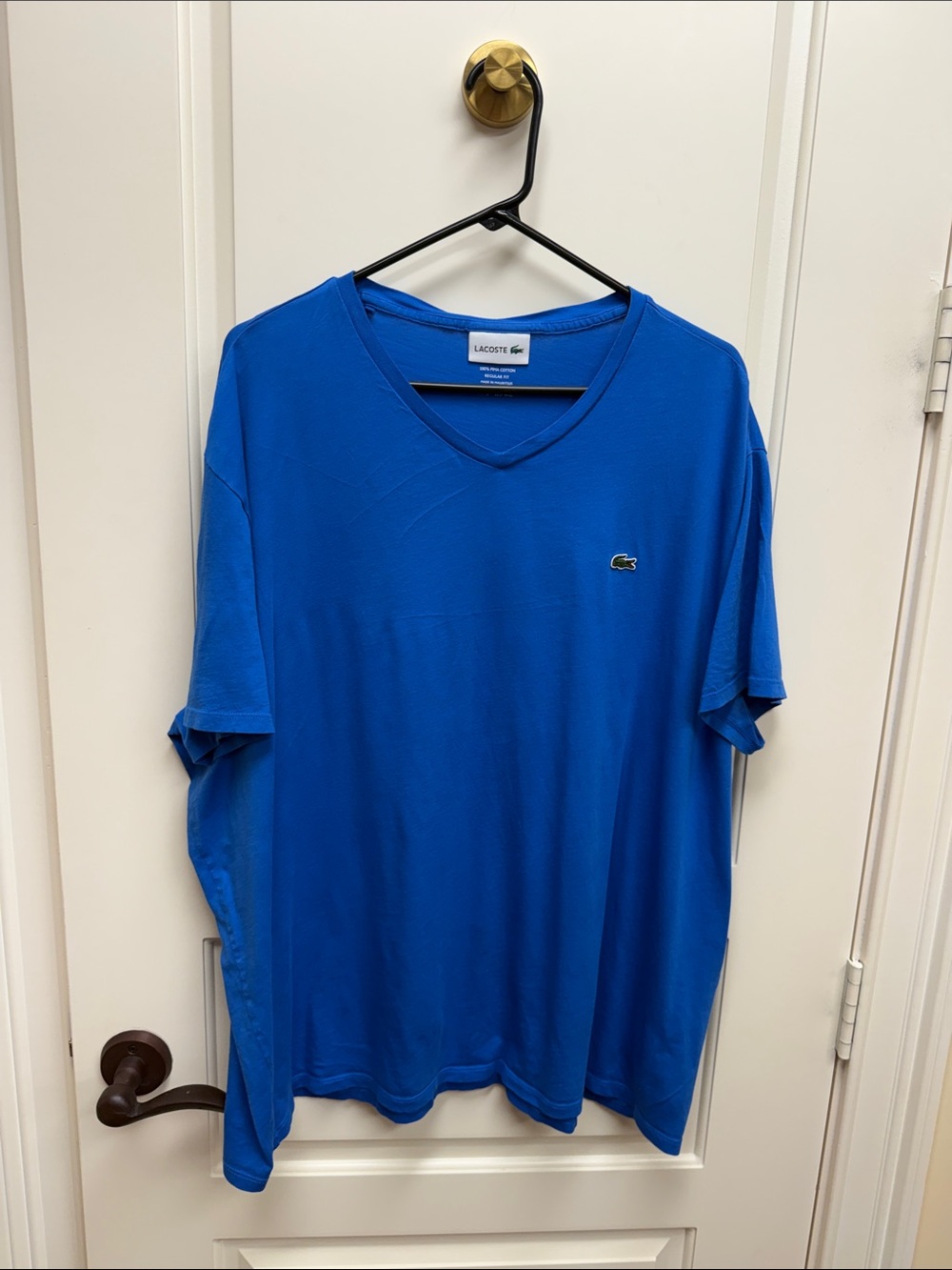 Lacoste Men's Bright Blue V-Neck Cotton Tee with Crocodile Logo